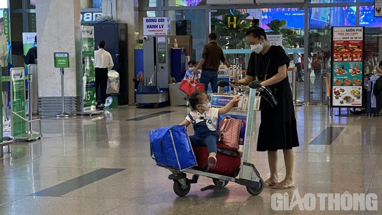 Một em bé được mẹ đẩy đi trên xe hành lý vào quầy làm thủ tục bay