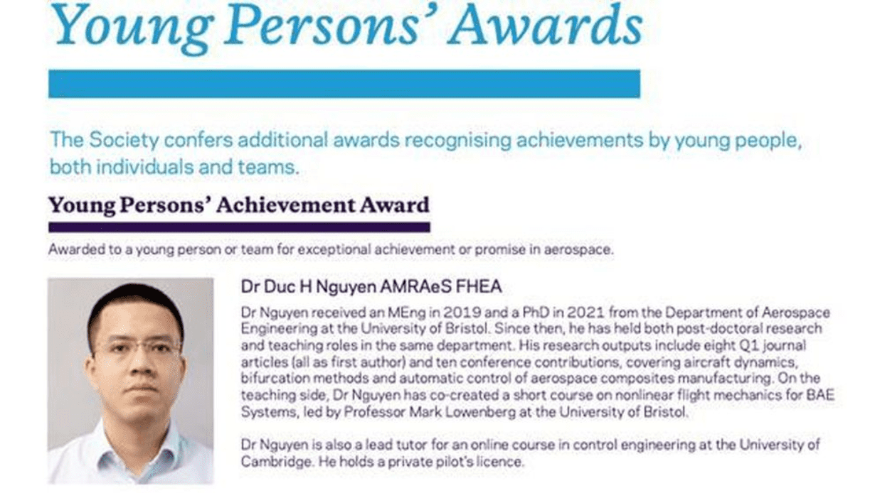 Tiến sĩ Nguyễn Huyền Đức được Hiệp hội Hàng không Hoàng gia Anh trao giải thưởng Gương mặt trẻ có đóng góp đặc biệt trong lĩnh vực hàng không năm 2022.