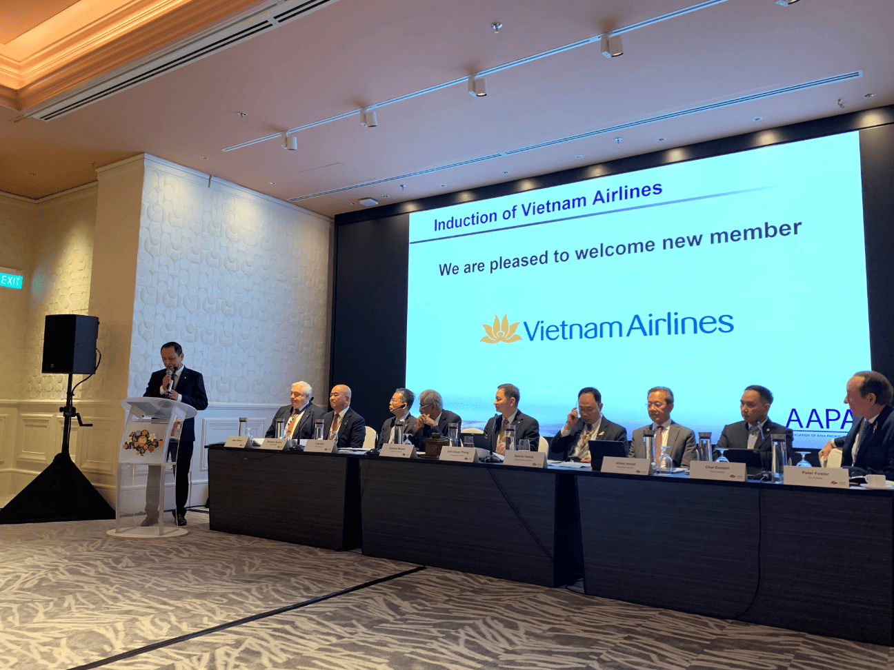 Tổng giám đốc Vietnam Airlines Lê Hồng Hà phát biểu gia nhập AAPA. (Ảnh: VNA)